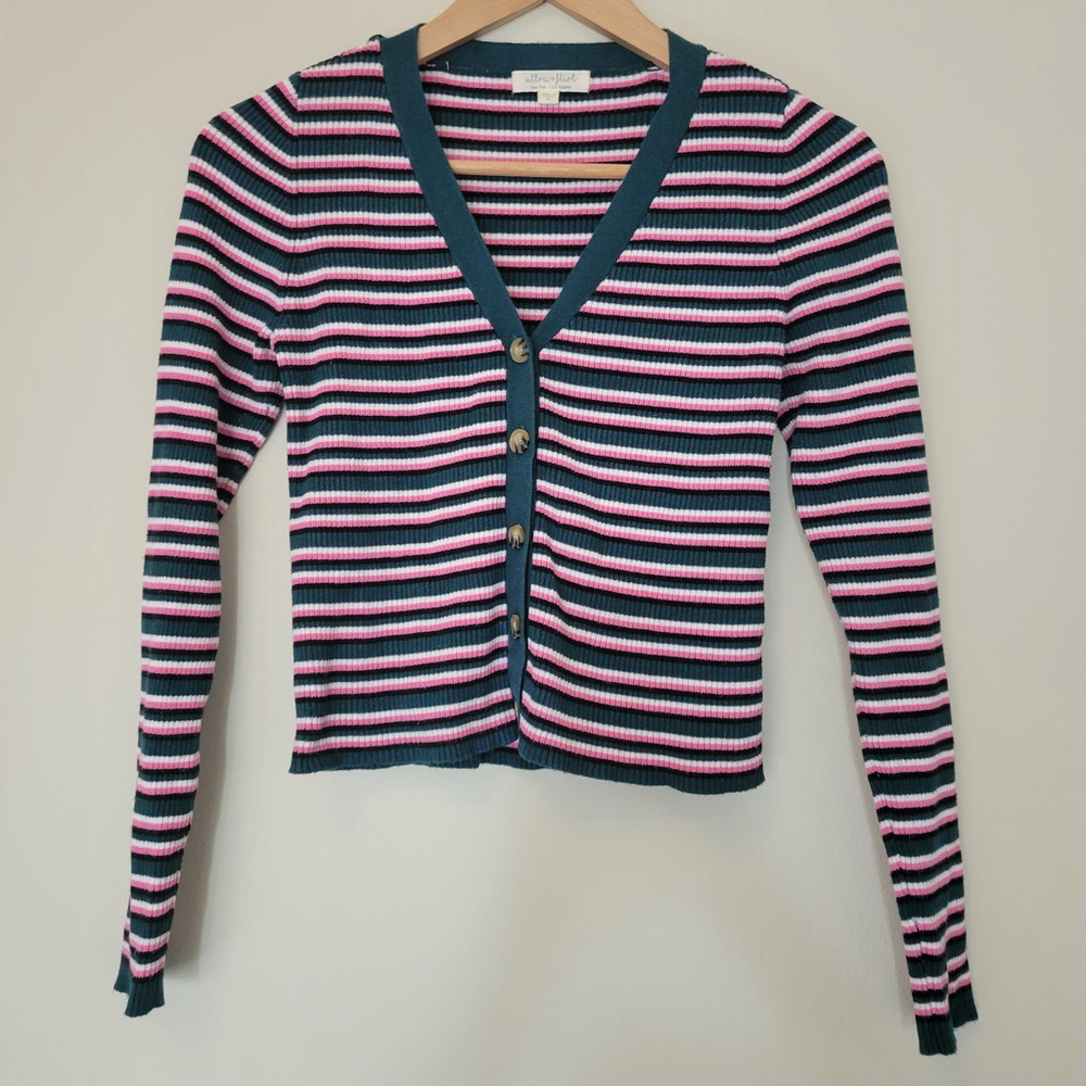 Ultra Flirt Juniors Botanical Stripe Ribbed Knit Sweater Size M Green/Pink